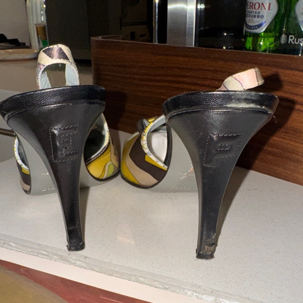 Emilio Pucci Multicolor Patterned Slingback Heels - Pink Yellow Green Black - Picture 3 of 5